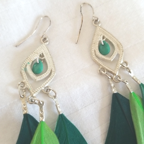 Silver Green Feather Earrings - Picture 2 of 4